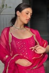 Buy_LABEL AISHWARYRIKA_Pink Georgette Embroidery Mukaish Scoop Neck Chikankari Strappy Kurta Set _Online_at_Aza_Fashions