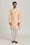 Samyukta Singhania_Peach Sherwani Banarasi Jacquard Woven Floral With Pant _Online_at_Aza_Fashions