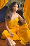 LABEL AISHWARYRIKA_Yellow Georgette Embroidery Chikankari Scoop Neck And Mirror Work Kurta Set _at_Aza_Fashions