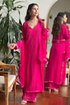 Shop_LABEL AISHWARYRIKA_Pink Georgette Embroidery Chikankari Leaf Neck Verona Work Kurta Set _at_Aza_Fashions