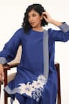 ORIGANI_Blue Chanderi Silk Lining Cotton Applique And Thread Asymmetric Kurta With Pant _at_Aza_Fashions