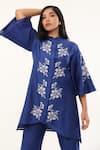 Shop_ORIGANI_Blue Chanderi Silk Lining Cotton Applique Phool Asymmetric Kurta With Pant _at_Aza_Fashions