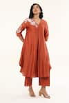 Buy_ORIGANI_Orange Chanderi Silk Lining Cotton Applique Bloom Asymmetric Kurta With Pant _at_Aza_Fashions