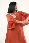 Shop_ORIGANI_Orange Chanderi Silk Lining Cotton Applique Blossom Garden V Kurta With Pant _at_Aza_Fashions