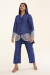 Buy_ORIGANI_Blue Chanderi Silk Lining Cotton Applique Flowerbed Henley Shirt With Pant _at_Aza_Fashions