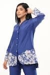 Shop_ORIGANI_Blue Chanderi Silk Lining Cotton Applique Flowerbed Henley Shirt With Pant _at_Aza_Fashions