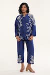 Buy_ORIGANI_Blue Chanderi Silk Lining Cotton Applique Floral Vine Open Jacket Pant Set _at_Aza_Fashions