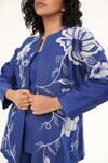 Shop_ORIGANI_Blue Chanderi Silk Lining Cotton Applique Floral Vine Open Jacket Pant Set _Online_at_Aza_Fashions