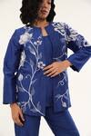 ORIGANI_Blue Chanderi Silk Lining Cotton Applique Floral Vine Open Jacket Pant Set _at_Aza_Fashions