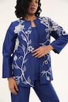 Buy_ORIGANI_Blue Chanderi Silk Lining Cotton Applique Floral Vine Open Round Neck Jacket _Online_at_Aza_Fashions