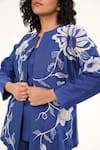 Shop_ORIGANI_Blue Chanderi Silk Lining Cotton Applique Floral Vine Open Round Neck Jacket _Online_at_Aza_Fashions