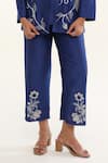 ORIGANI_Blue Chanderi Silk Lining Cotton Applique Floral Vine Pant _Online_at_Aza_Fashions