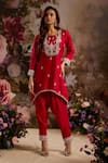 Saniya Sharma_Red Kurta Silk Embroidery Bead Round Floral Yoke And Tulip Pant Set _Online_at_Aza_Fashions