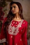 Shop_Saniya Sharma_Red Kurta Silk Embroidery Bead Round Floral Yoke And Tulip Pant Set _Online_at_Aza_Fashions