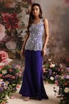 Buy_Saniya Sharma_Purple Silk Embellished Sequin Square Neck Floral Short Tunic And Flared Pant Set _Online_at_Aza_Fashions