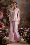 Buy_Saniya Sharma_Purple Silk Embellished Zardozi V Neck Floral Jacket And Flared Pant Set _at_Aza_Fashions