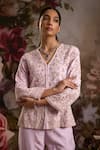 Buy_Saniya Sharma_Purple Silk Embellished Zardozi V Neck Floral Jacket And Flared Pant Set _Online_at_Aza_Fashions