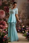 Buy_Saniya Sharma_Blue Chiffon Embellished Cutdana V Neck Flower Peplum Tunic And Sharara Set _at_Aza_Fashions