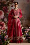 Buy_Saniya Sharma_Red Anarkali Silk Embellished Sequin V Neck Floral Set _at_Aza_Fashions