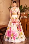 Buy_Swish By Dolcy And Simran_Ivory Chanderi Embellished Floral Plunge V-neck Naina Handpainted Lehenga Set _at_Aza_Fashions