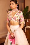 Swish By Dolcy And Simran_Ivory Chanderi Embellished Floral Plunge V-neck Naina Handpainted Lehenga Set _Online_at_Aza_Fashions