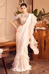 Buy_Swish By Dolcy And Simran_Ivory Crepe Embellished Sequin Meera Solid Pre-draped Ruffle Saree With Blouse _Online_at_Aza_Fashions