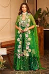 Buy_Swish By Dolcy And Simran_Green Kora Organza Embellishment Palm Tree Laila Embroidered Cape And Pant Set _at_Aza_Fashions