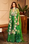 Shop_Swish By Dolcy And Simran_Green Kora Organza Embellishment Palm Tree Laila Embroidered Cape And Pant Set _Online_at_Aza_Fashions