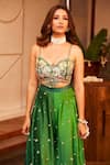 Shop_Swish By Dolcy And Simran_Green Kora Organza Embellishment Palm Tree Laila Embroidered Cape And Pant Set 