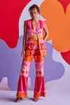 Buy_ZiP by Payal & Zinal_Orange Cotton Printed Ribbon Floral Plunge V Flirty Floss Blazer And Pant Set _at_Aza_Fashions