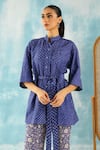 Twenty Nine_Blue Silk Woven Raidaana Bandhani Mandarin Collar Peplum Top _at_Aza_Fashions