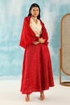 Twenty Nine_Red Organza Woven Raidaana Bandhani Open Cape _Online_at_Aza_Fashions