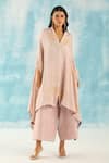 Twenty Nine_Peach Silk Woven Bandhani Shawl Collar Kaftan Tunic _Online_at_Aza_Fashions