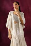 Twenty Nine_White Lace Mirrorwork Embroidery Front Open Cape Jacket _at_Aza_Fashions