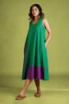 MANTRA_Green Handloom Cotton Mangalgiri Colorblocked U Neck Symphony Checkered Dress _Online_at_Aza_Fashions