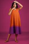 Buy_MANTRA_Orange Handloom Cotton Mangalgiri Colorblocked U Neck Symphony Dress _at_Aza_Fashions