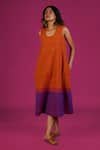 MANTRA_Orange Handloom Cotton Mangalgiri Colorblocked U Neck Symphony Dress _Online_at_Aza_Fashions