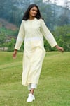 MANTRA_Green Kerala Handloom Print Stripe Band Collar Kurta _Online_at_Aza_Fashions