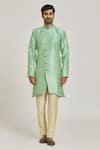 Samyukta Singhania_Green Sherwani Banarasi Jacquard Floral Overlap Pattern And Gold Pant Set _Online_at_Aza_Fashions