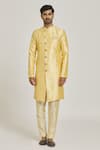 Adara Khan_Beige Sherwani Banarasi Jacquard Floral Pattern And Gold Pant Set_Online_at_Aza_Fashions