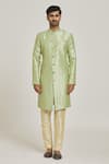 Adara Khan_Green Sherwani Banarasi Jacquard Floral Pattern Overlap And Metallic Pant Set_Online_at_Aza_Fashions
