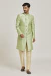 Buy_Adara Khan_Green Sherwani Banarasi Jacquard Floral Pattern Overlap And Metallic Pant Set_Online_at_Aza_Fashions