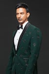 Sven suits_Green Stretch Polyester Blend Embroidery Rosette Tuxedo Pant Set _Online_at_Aza_Fashions