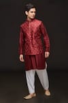 Buy_Sven suits_Red Silk Embroidery Floral Motif Pattern Bundi Kurta Set _at_Aza_Fashions