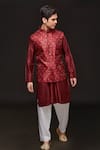 Shop_Sven suits_Red Silk Embroidery Floral Motif Pattern Bundi Kurta Set _at_Aza_Fashions