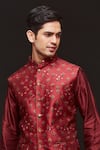 Sven suits_Red Silk Embroidery Floral Motif Pattern Bundi Kurta Set _Online_at_Aza_Fashions