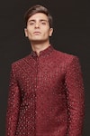 Sven suits_Red Silk Embroidery Geometric Abstract Sherwani With Pant _at_Aza_Fashions