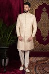 Buy_Sven suits_Beige Raw Silk Embroidery Floral Bloom Sherwani And Pant Set _Online_at_Aza_Fashions