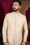 Shop_Sven suits_Beige Raw Silk Embroidery Floral Bloom Sherwani And Pant Set _Online_at_Aza_Fashions