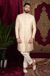 Buy_Sven suits_Beige Raw Silk Embroidery Floral Bloom Sherwani And Pant Set _at_Aza_Fashions